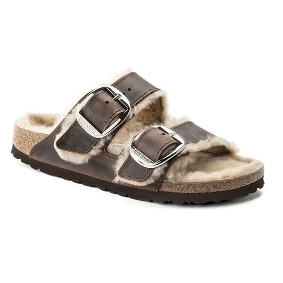 Birkenstock Arizona Big Buckle Shearling Oiled Leather Brown Sandals US M10 EU43 - Picture 1 of 5